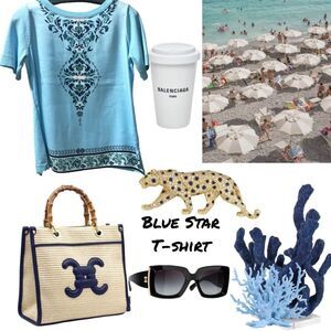 Aqua & Navy Blue Design Short Sleeve Sweater T-Shirt